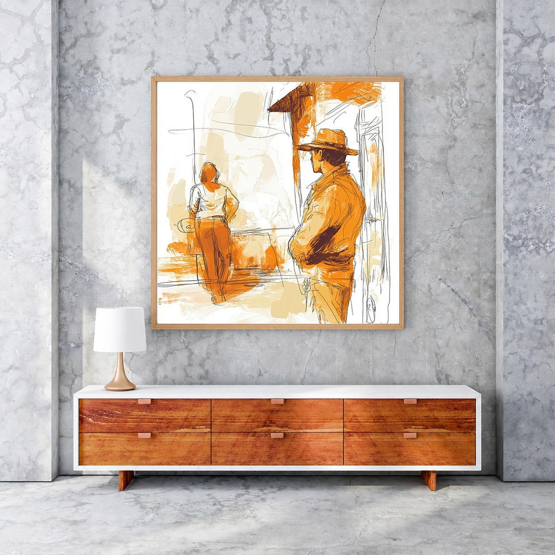 Wadi Home abstract wall art with figures in warm orange and beige tones, sketch-like style.