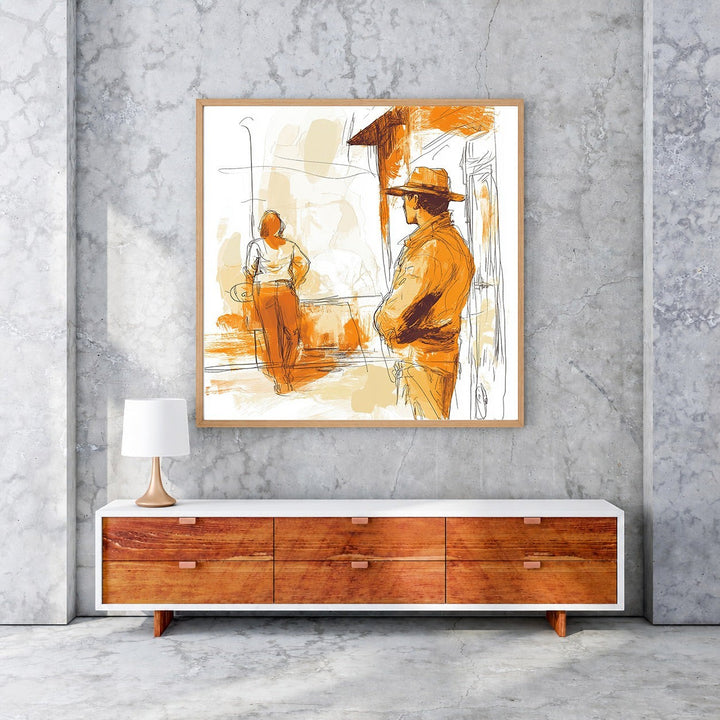 Wadi Home abstract wall art with figures in warm orange and beige tones, sketch-like style.