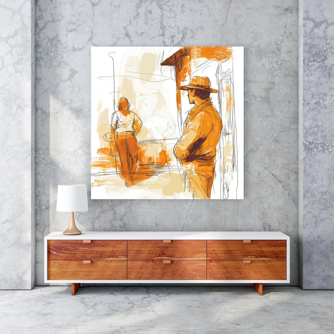 Wadi Home abstract wall art with figures in warm orange and beige tones, sketch-like style.