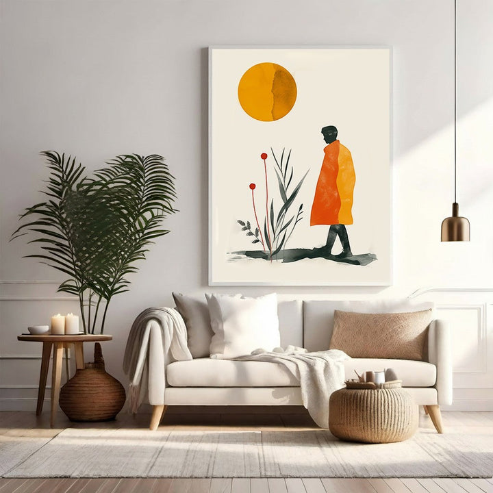 Wadi Home abstract wall art of a figure in an orange coat walking under a yellow sun with minimalist plants.