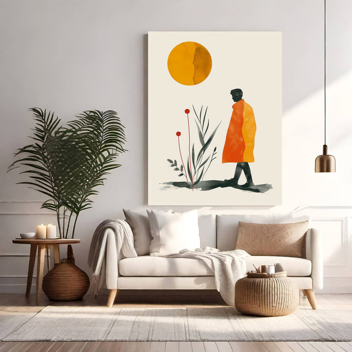 Wadi Home abstract wall art: minimalist figure in orange coat walking under a yellow sun with abstract plants.
