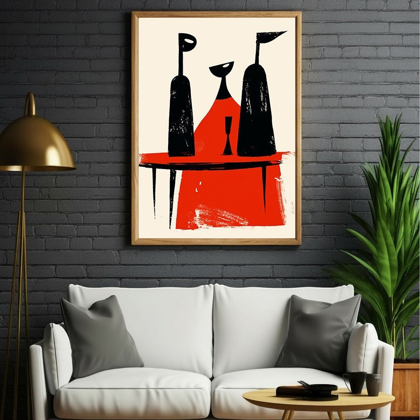 Wadi Home abstract wall art with black figures on a red table setting, minimalist style.