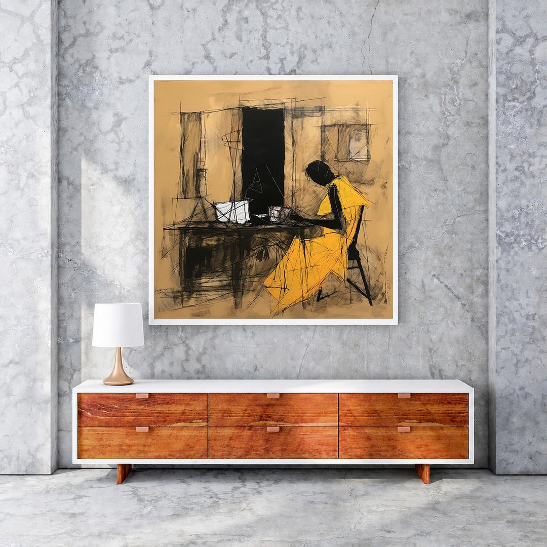 Wadi Home abstract figure study wall art, seated figure in yellow dress, charcoal sketch on earthy background.