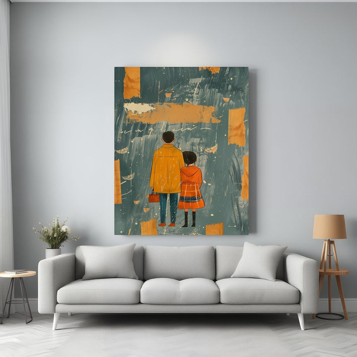Wadi Home abstract wall art featuring two figures in coats against a teal and burnt orange background. Modern art.