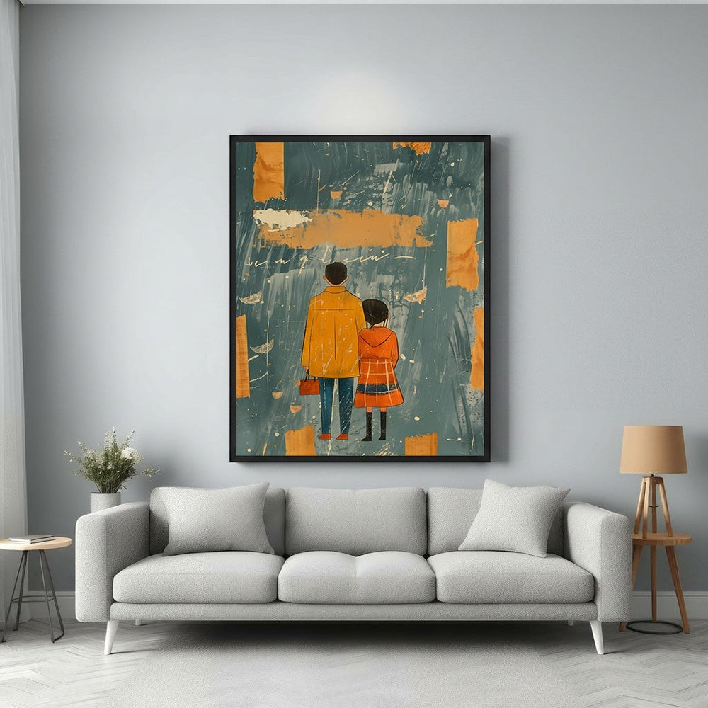 Wadi Home abstract wall art featuring two figures in yellow and orange coats against a teal and burnt orange textured background.