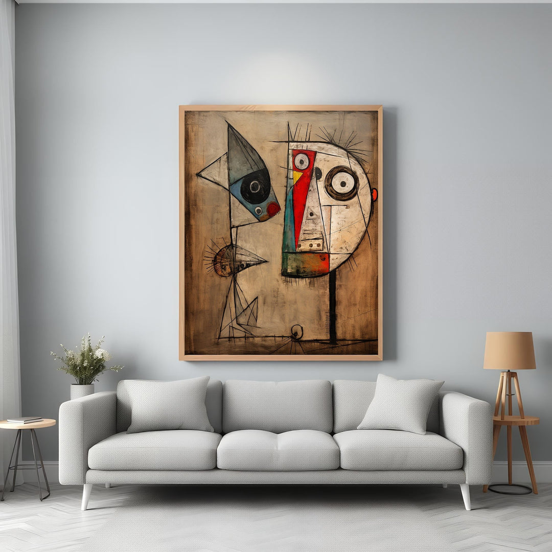 Wadi Home abstract figures conversation wall art with earthy tones and bold lines, framed in wood.