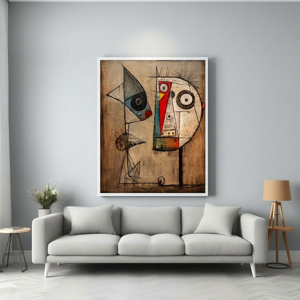 Wadi Home abstract figures conversation wall art with earthy tones and bold lines, framed in white.