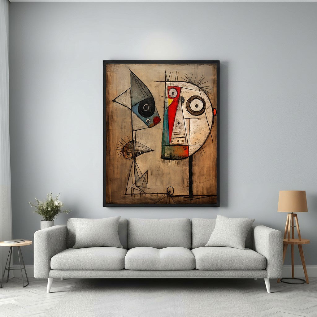 Wadi Home abstract figures conversation wall art with earthy tones and bold lines, framed in black.