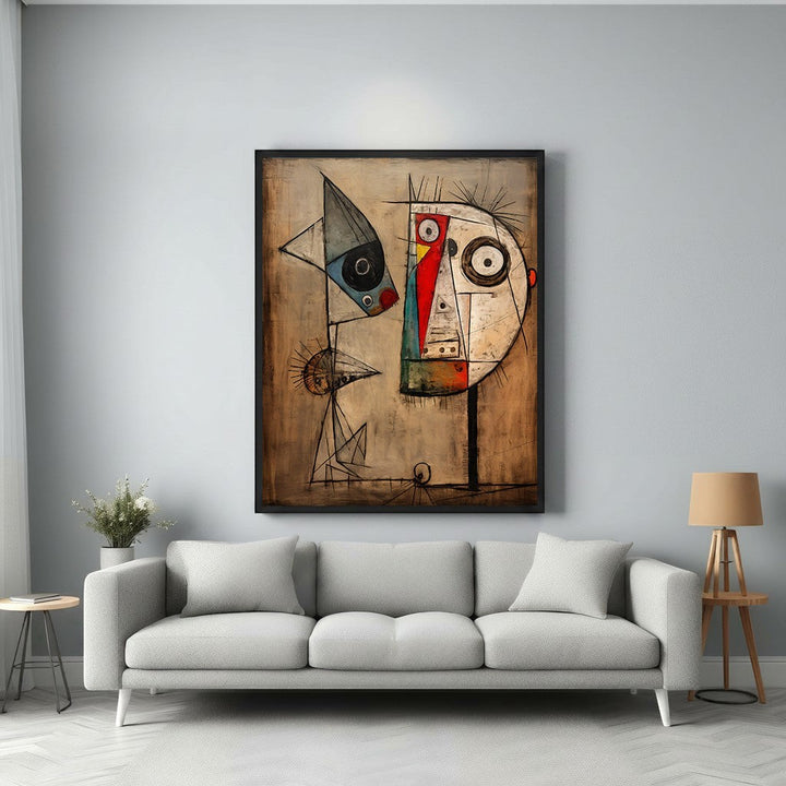 Wadi Home abstract figures conversation wall art with earthy tones and bold lines, framed in black.