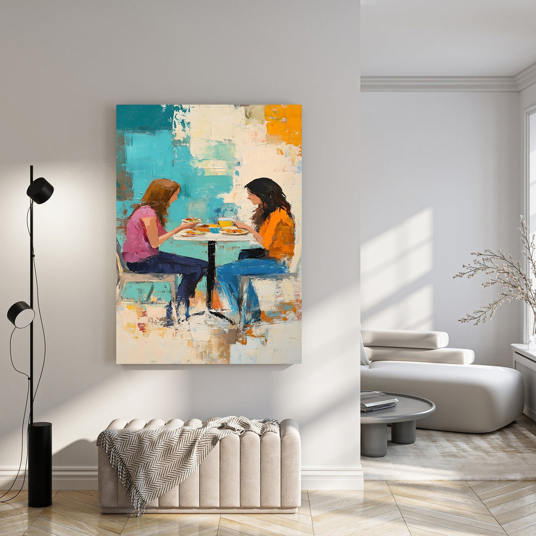 Wadi Home abstract painting of two figures dining together, with bold strokes of turquoise, orange, and earthy tones.