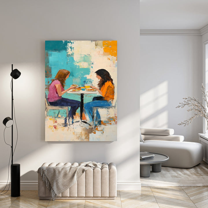Wadi Home abstract painting of two figures dining together, with bold strokes of turquoise, orange, and earthy tones.