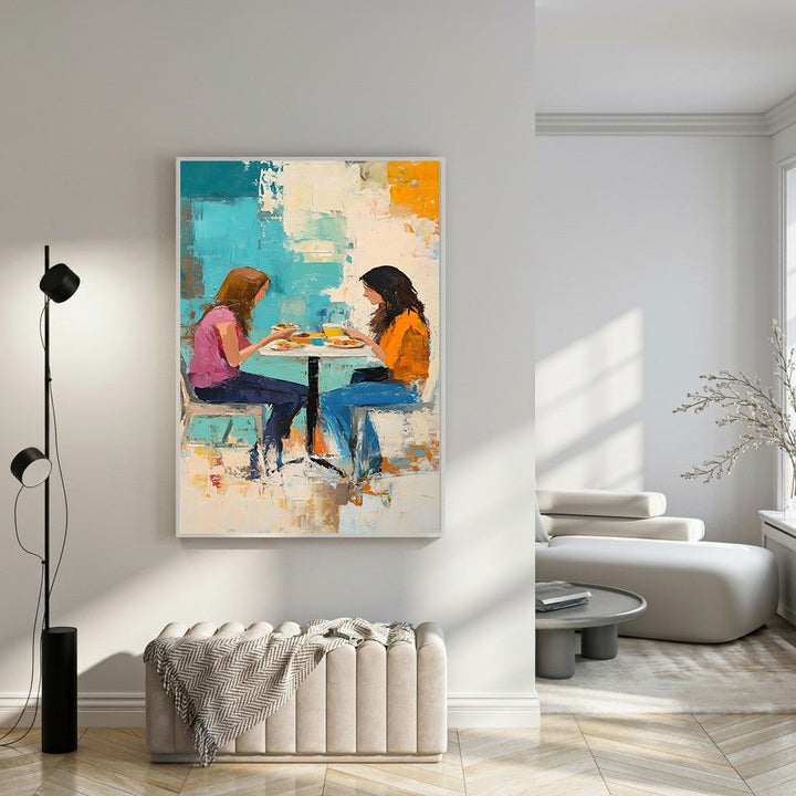 Wadi Home abstract painting of two figures dining together, turquoise, orange, and earthy tones, textured brushstrokes.
