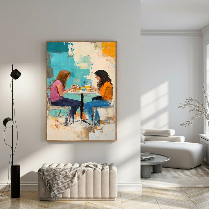 Wadi Home abstract painting of two figures dining together, turquoise, orange, and earthy tones, textured brushstrokes.