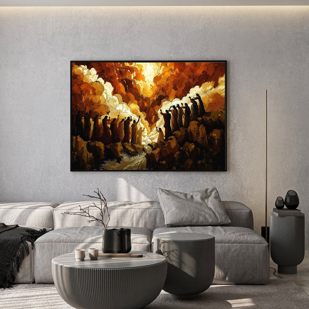 Wadi Home abstract art print of silhouetted figures in dramatic warm light, fiery oranges, yellows, and browns.