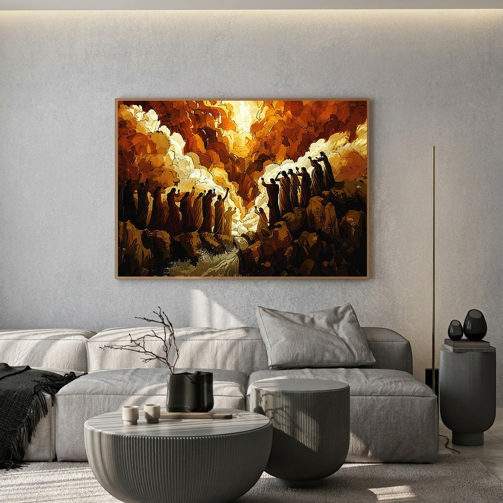 Wadi Home abstract art print featuring silhouetted figures in dramatic warm light, oranges, yellows, and browns.