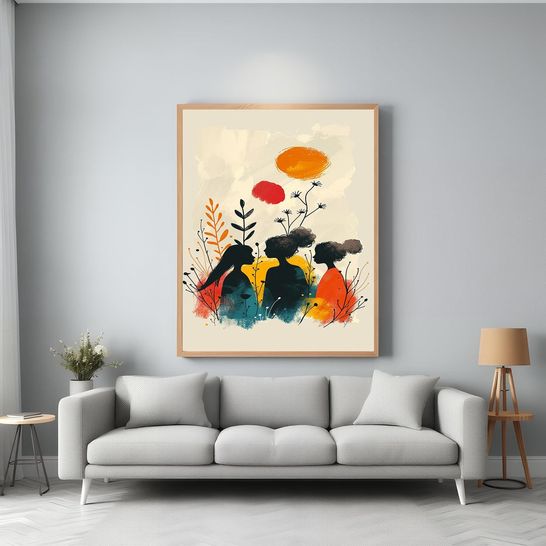 Wadi Home abstract art print featuring silhouetted figures in a garden with warm earthy tones and pops of orange and red.