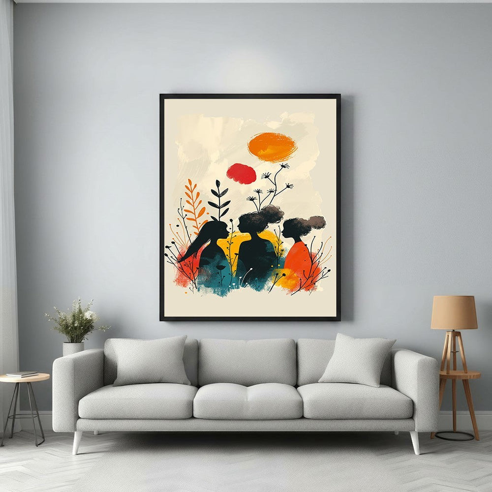 Wadi Home abstract wall art featuring silhouetted figures in a garden with warm earthy tones and pops of orange and red.