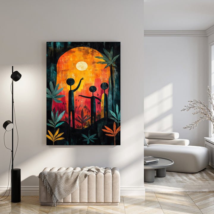 Wadi Home abstract canvas print of stylized figures under a moonlit orange sky with dark foliage. Modern art.