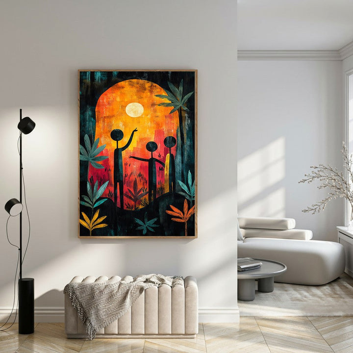 Wadi Home abstract canvas print featuring stylized figures under a vibrant moonlit sky with orange, blue, and red hues.