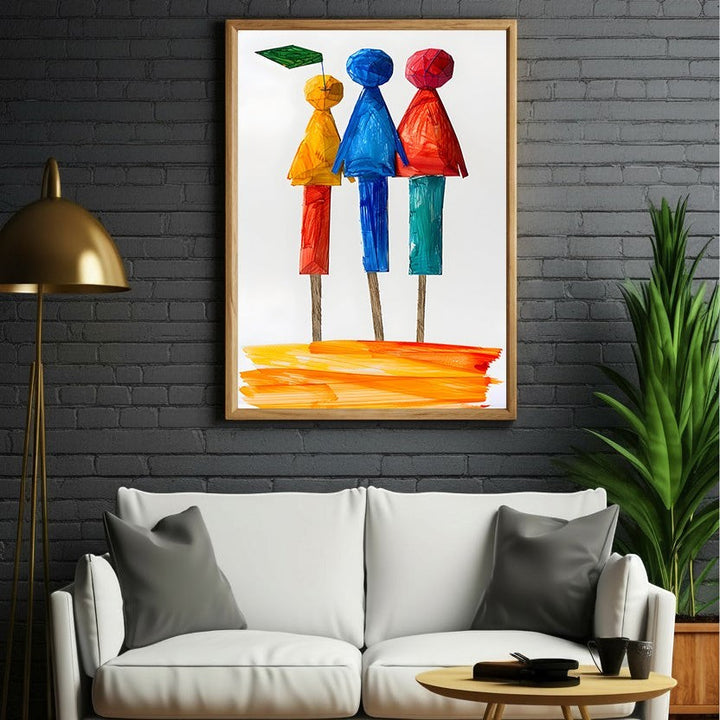 Wadi Home abstract wall art featuring three figures in red, blue, and yellow on sticks with a green flag.
