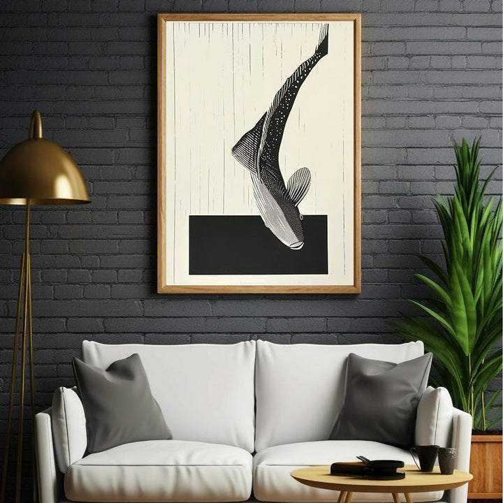 Wadi Home abstract black and white fish wall art with minimalist design and bold lines, framed in wood.