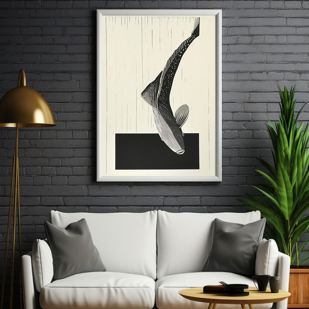 Wadi Home abstract black and white fish wall art with minimalist design and bold lines, printed on quality material.