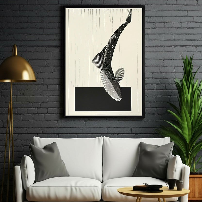Wadi Home abstract black and white fish wall art, minimalist design, modern decor for living room, bedroom, office.