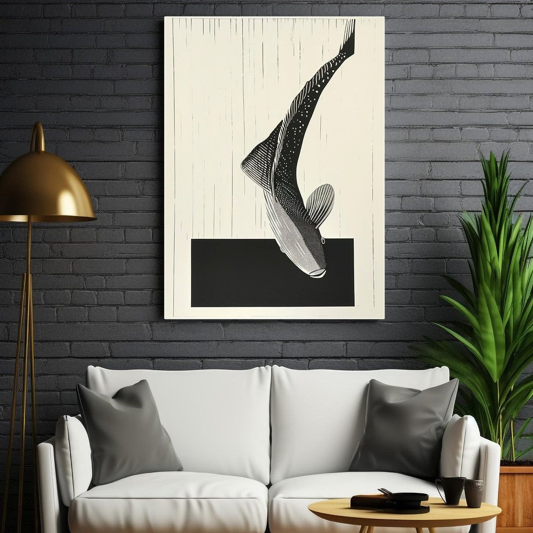 Wadi Home abstract black and white fish wall art with minimalist design and bold lines, printed on high-quality material.