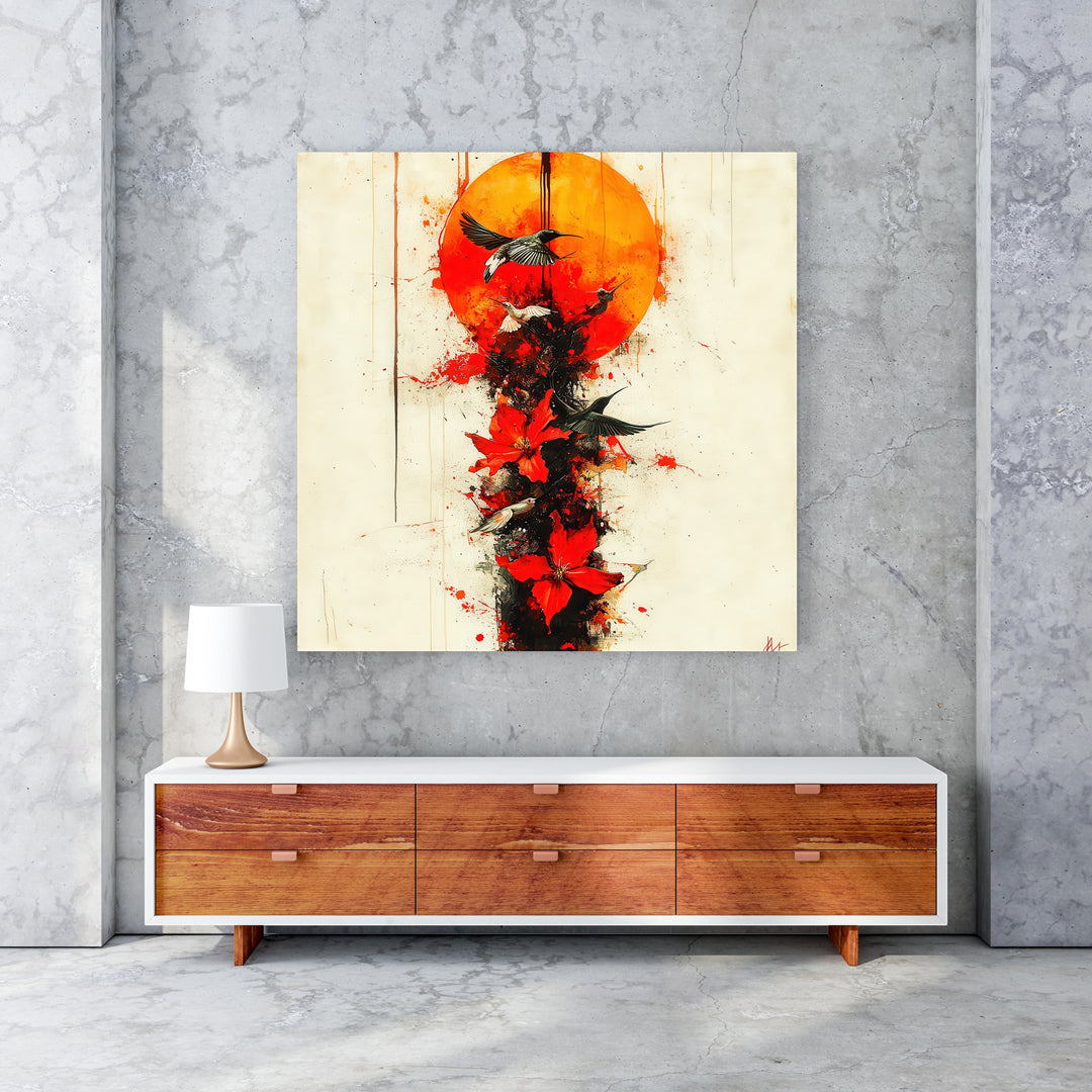 Wadi Home abstract artwork with crimson sun, red flowers, and birds in flight. Dynamic, artistic statement piece.