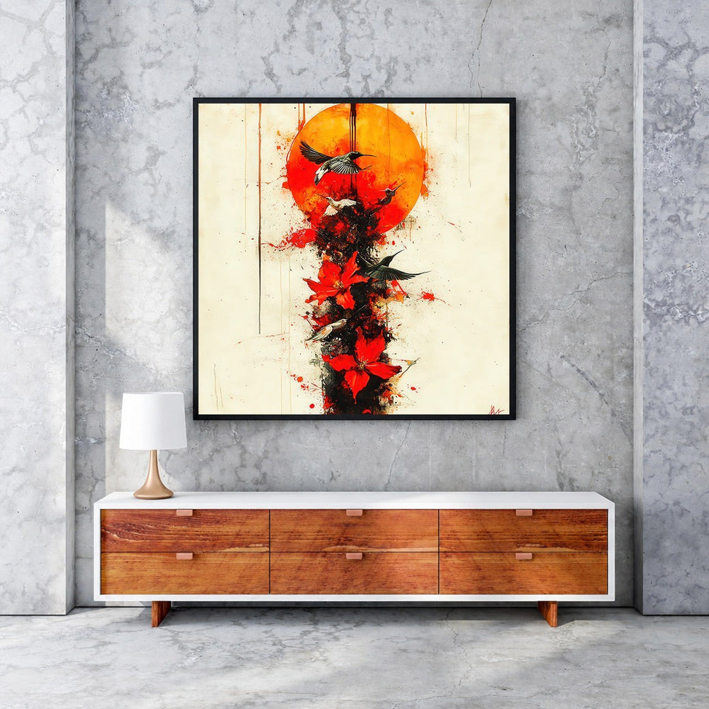 Wadi Home abstract artwork featuring red flowers and birds against a crimson sun. Modern wall art.