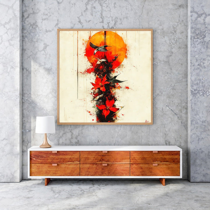 Wadi Home abstract artwork featuring red flowers and birds in flight against a vibrant crimson sun. Modern wall art.