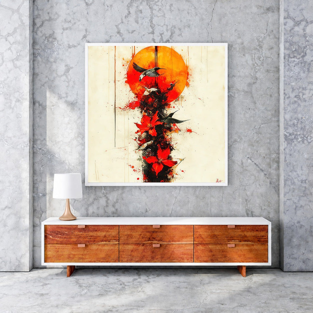 Wadi Home abstract artwork with crimson sun, red flowers, and birds in flight. Modern wall art.