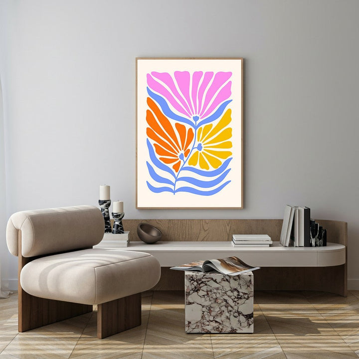 Wadi Home abstract floral botanical wall art with pink, orange, yellow flowers and blue wavy accents on cream background.