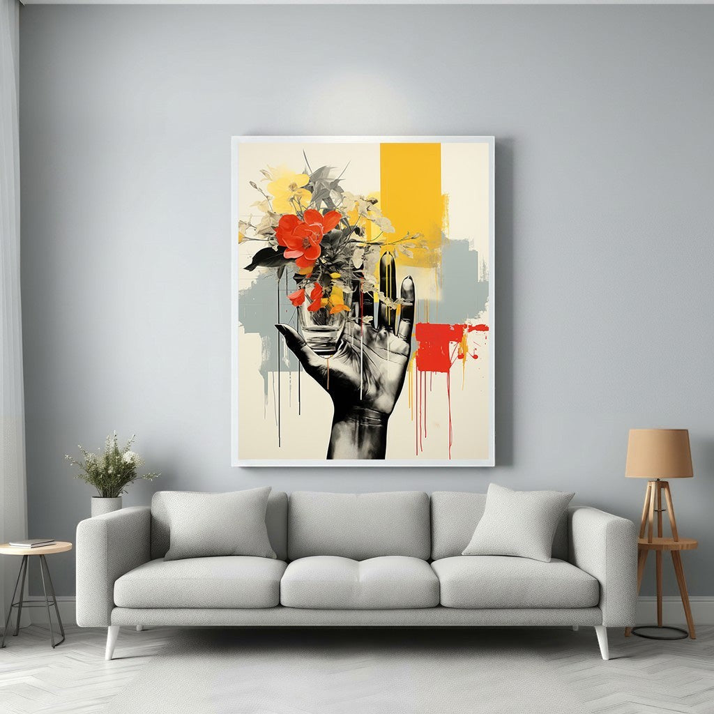 Wadi Home abstract floral hand wall art with red and yellow flowers against a grey and yellow abstract background.