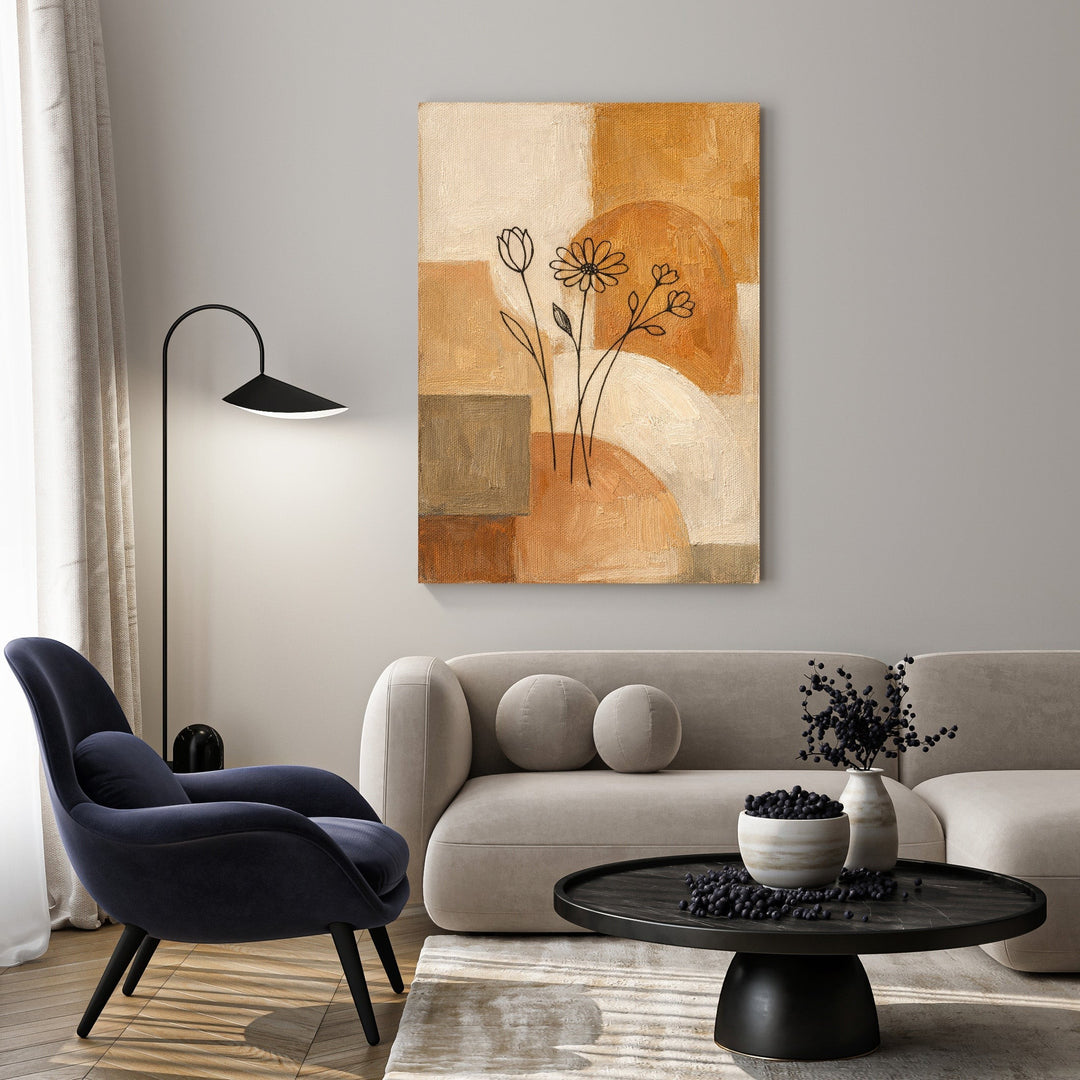 Wadi Home abstract floral line art canvas print with beige, tan, and rust background. Minimalist design.