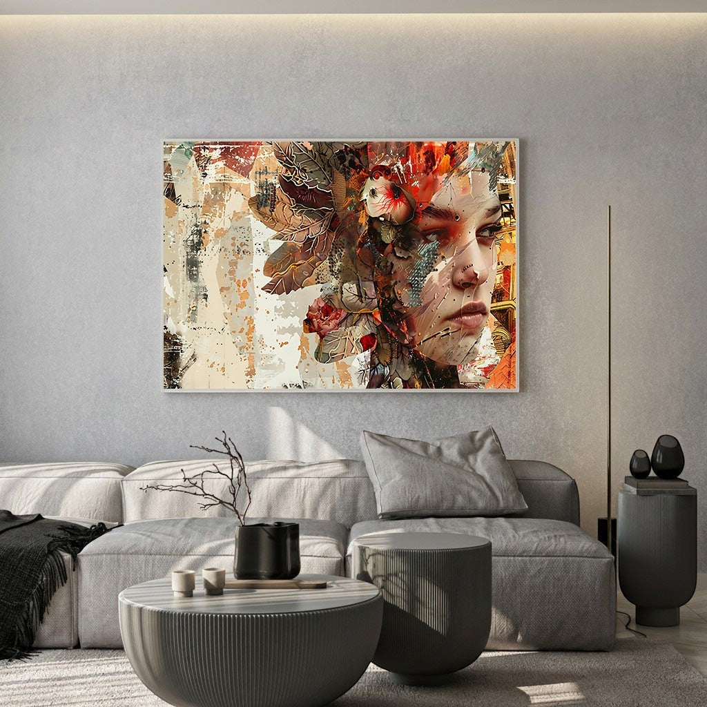 Wadi Home abstract portrait wall art with floral accents in warm tones and earthy hues, mixed-media aesthetic.