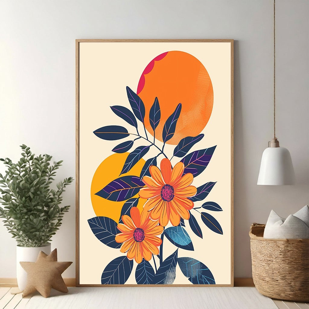 Wadi Home abstract floral sunburst wall art with orange daisies and navy foliage on a cream background.