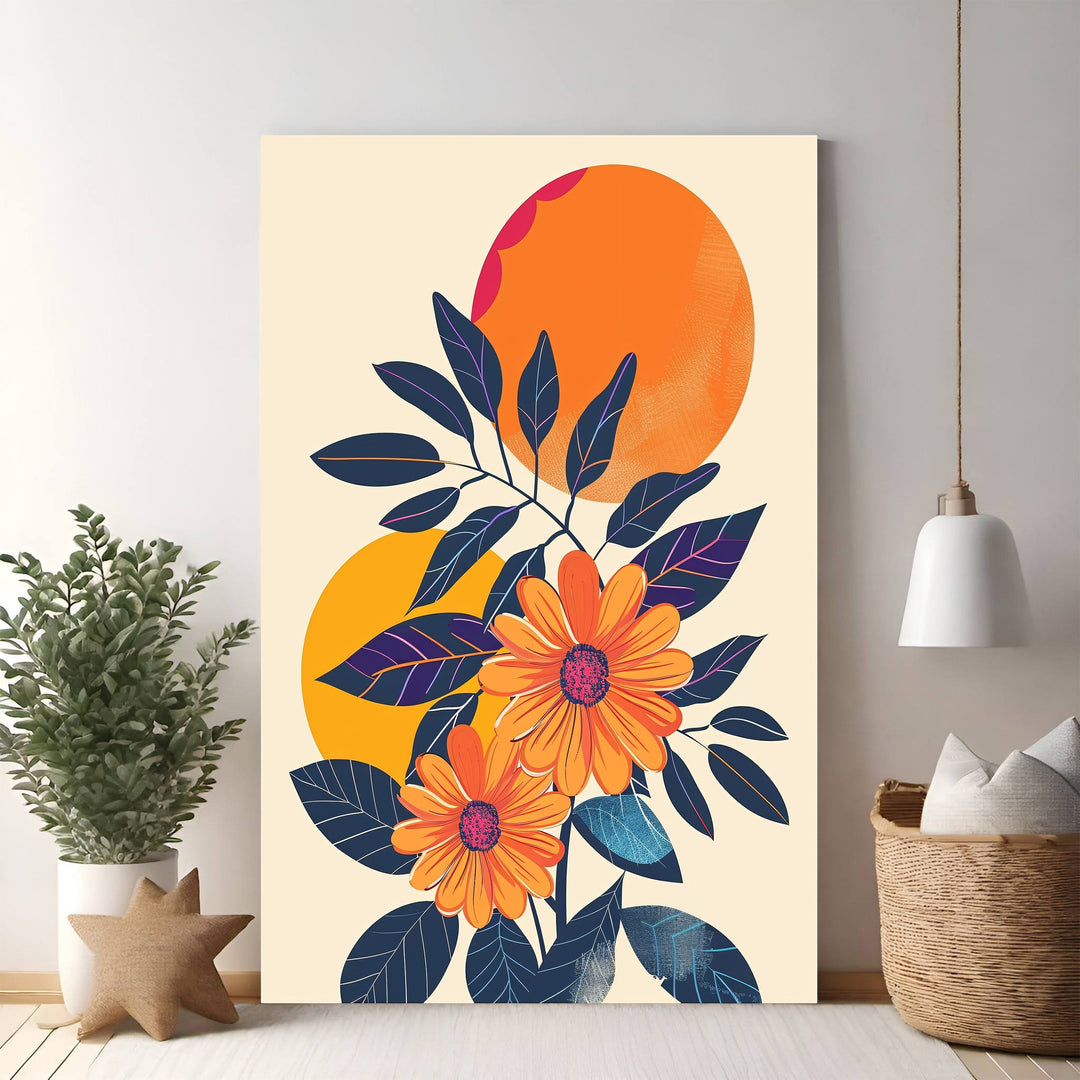 Wadi Home Abstract Floral Sunburst Wall Art with orange daisies, navy foliage, and sunburst circles on a cream background.