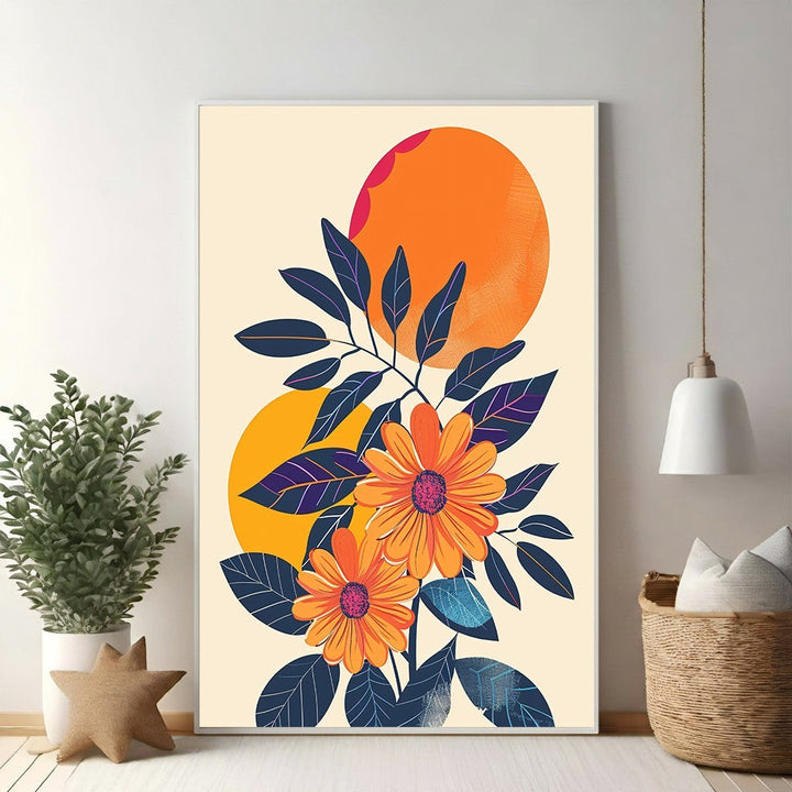 Wadi Home Abstract Floral Sunburst Wall Art with orange daisies, navy foliage, and sunburst circles on a cream background.