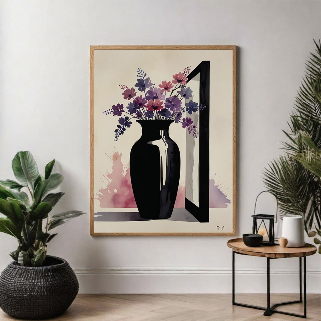 Wadi Home Abstract Floral Vase Wall Art featuring a black vase with purple and pink flowers, watercolor background, framed print.