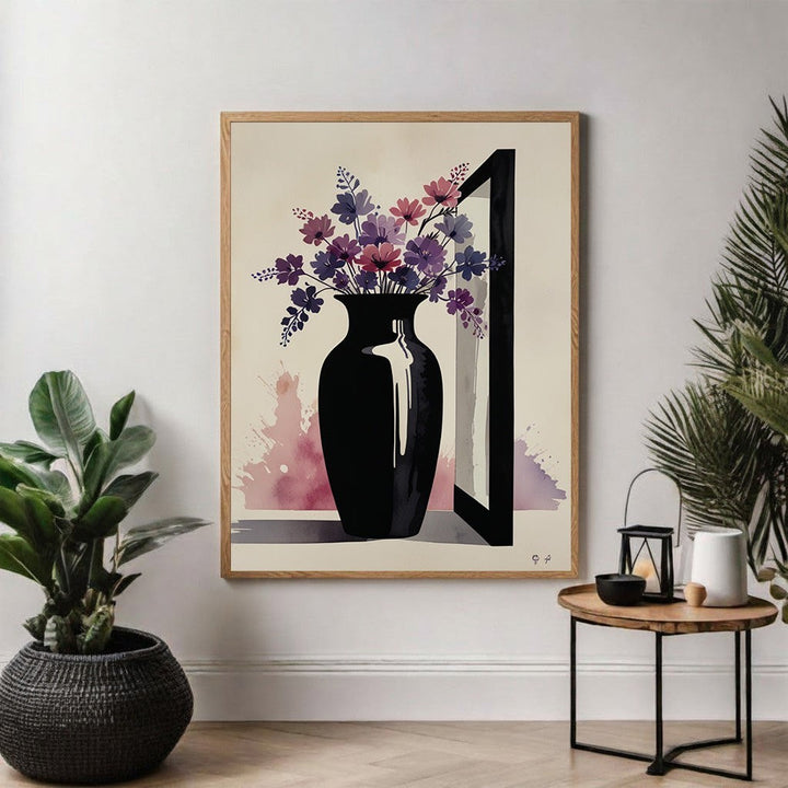Wadi Home Abstract Floral Vase Wall Art featuring a black vase with purple and pink flowers, watercolor background, framed print.
