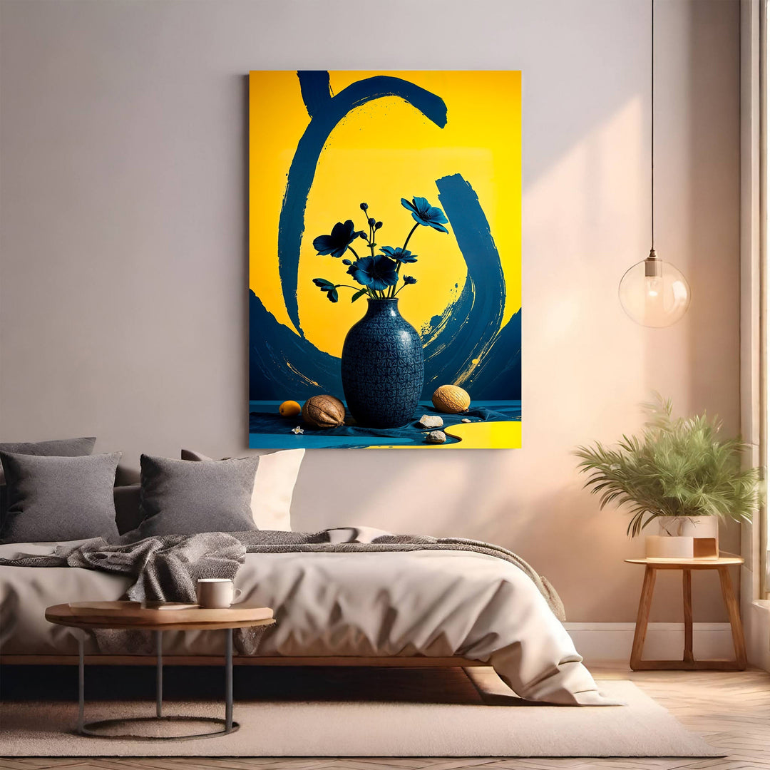 Wadi Home abstract floral vase wall art with blue flowers on yellow and blue background.