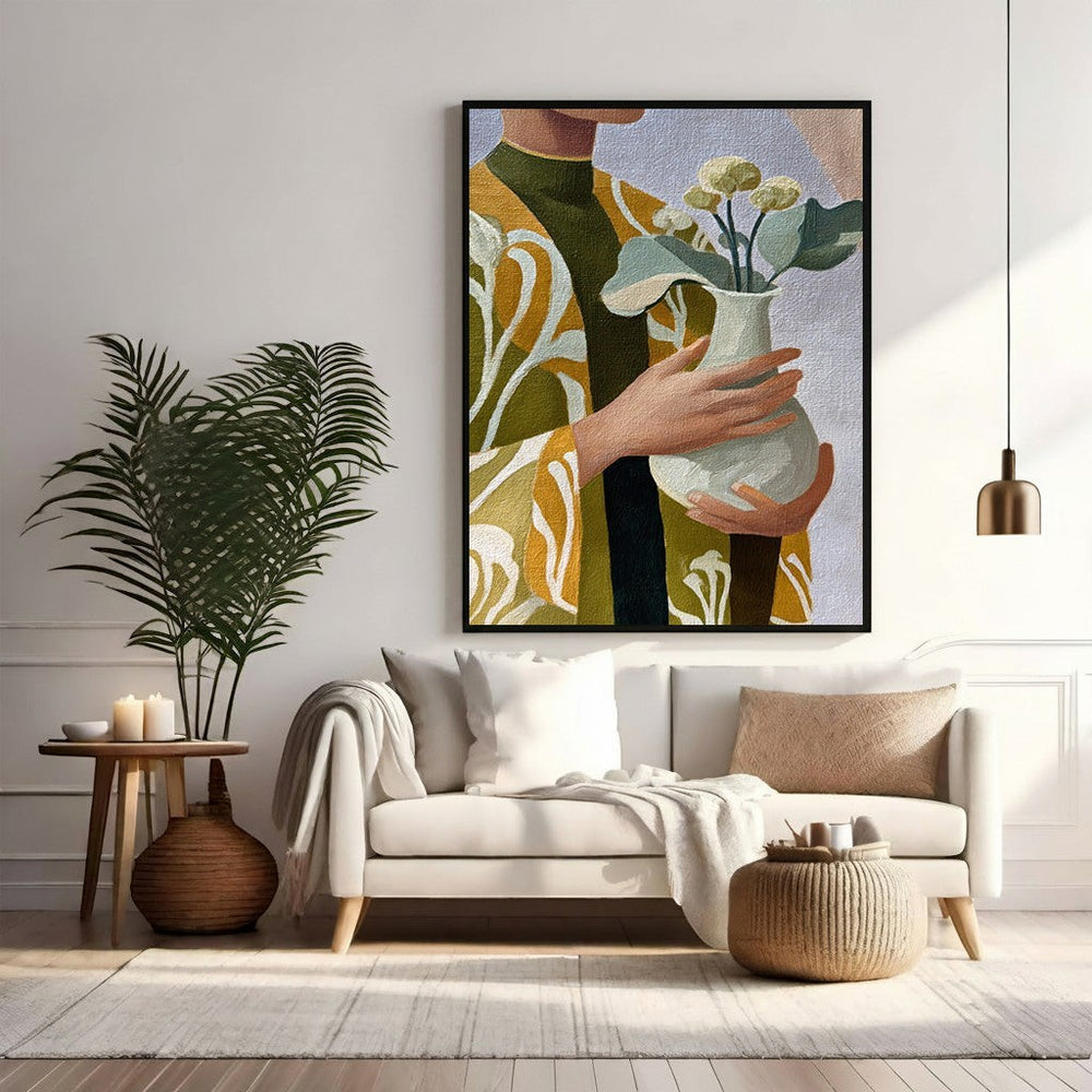 Wadi Home Abstract Floral Vase Wall Art, green and yellow textured print of a figure holding a vase with abstract flowers.