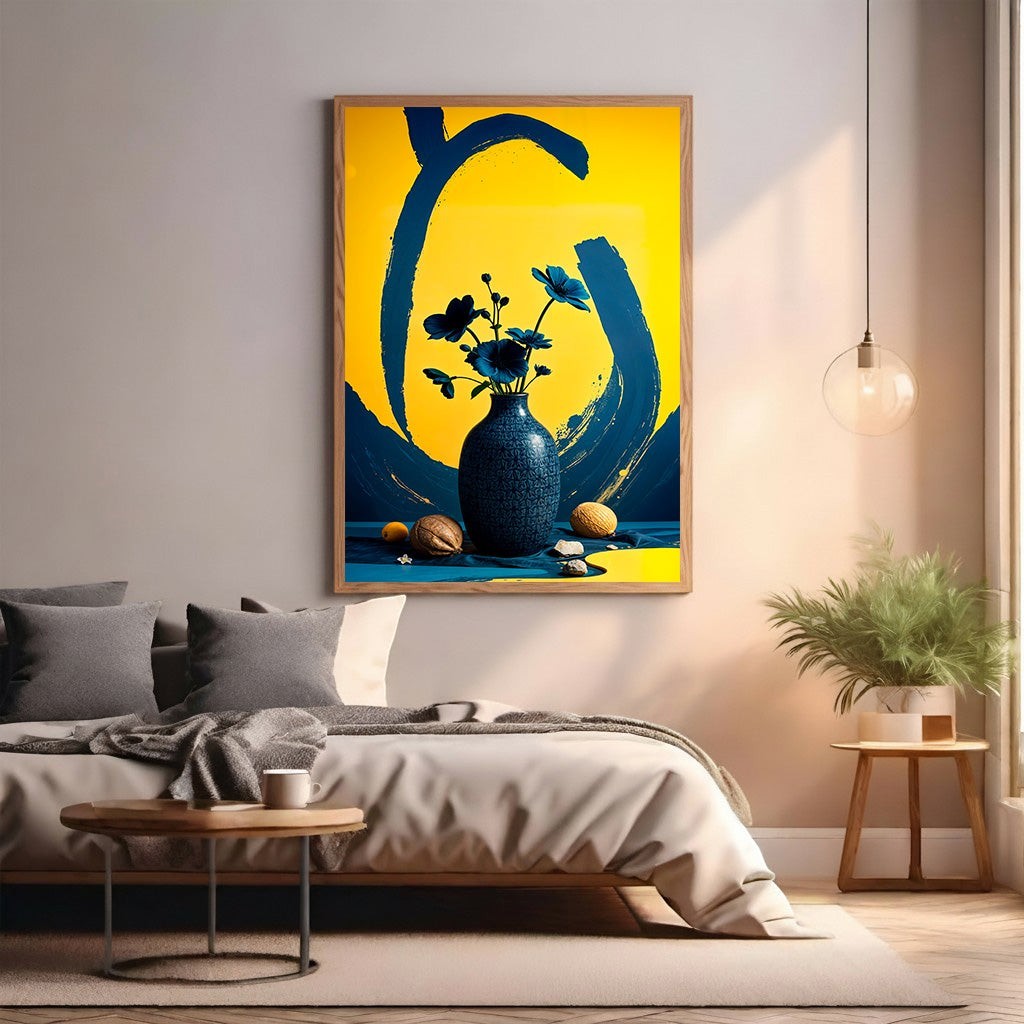 Wadi Home abstract wall art featuring a dark blue textured vase with blue flowers against a bright yellow and abstract blue background.