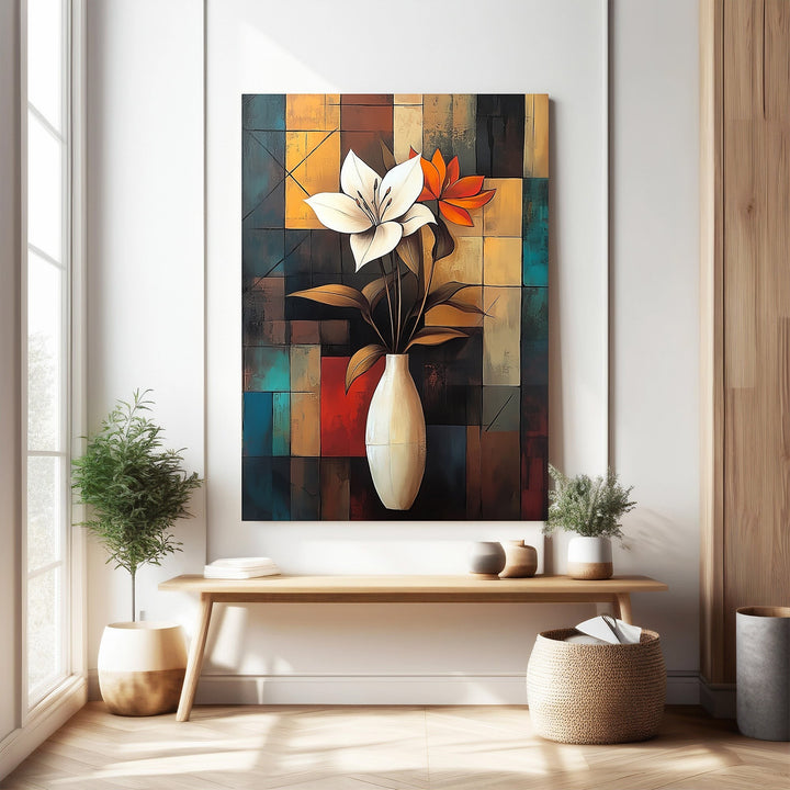 Wadi Home Abstract Floral Still Life Wall Art featuring a white lily and orange bloom in a minimalist vase against a geometric background.