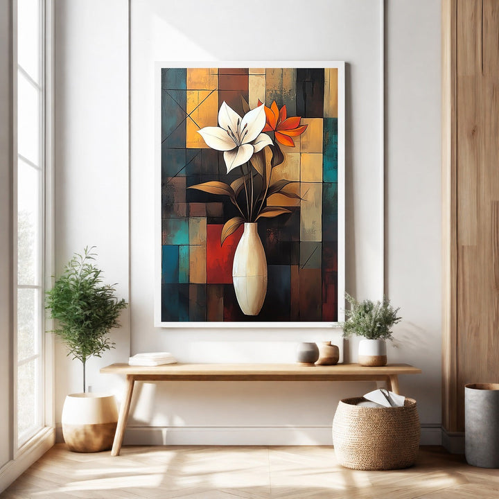 Wadi Home abstract floral wall art featuring a white lily and orange bloom in a minimalist vase against a geometric background of blues, reds, yellows, and browns.