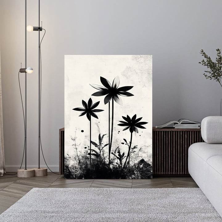 Wadi Home abstract black floral silhouette wall art on textured neutral background, modern minimalist design.