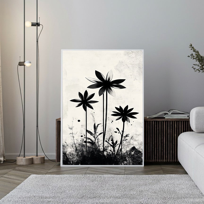 Wadi Home abstract floral silhouette wall art, featuring bold black flowers on a textured neutral background. Modern minimalist art.