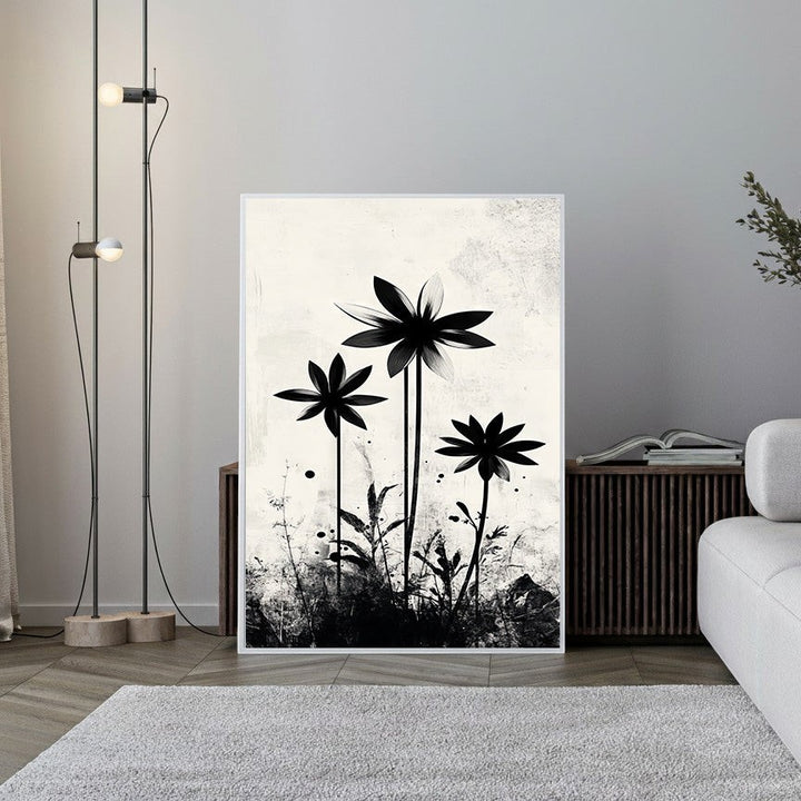 Wadi Home abstract floral silhouette wall art, featuring bold black flowers on a textured neutral background. Modern minimalist art.