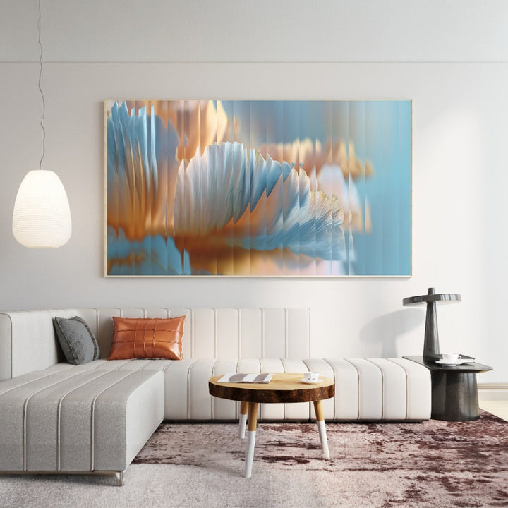 Wadi Home abstract floral wall art in soft blues and golden hues, modern abstract art.
